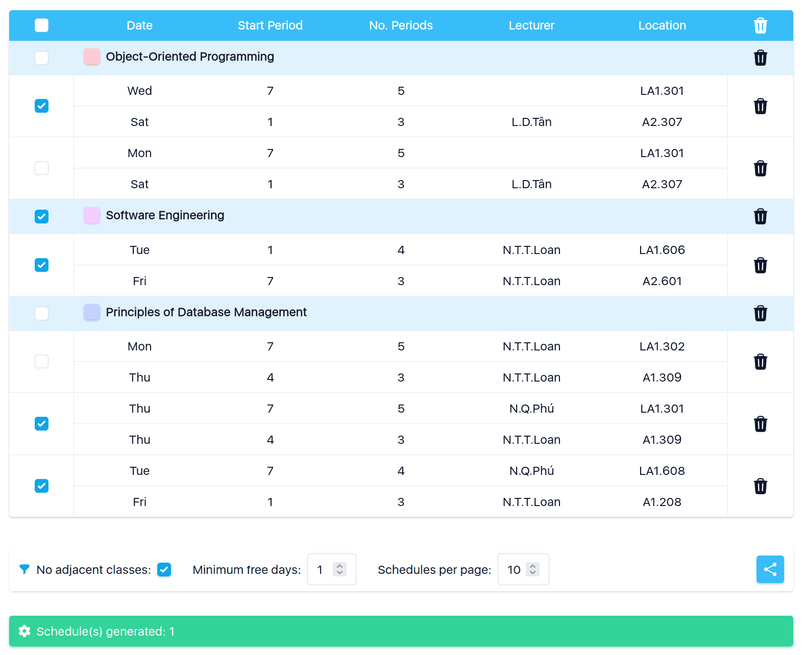 Image of selecting and filtering classes in the IUGen table